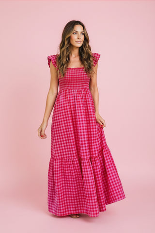 Women's Magenta Gingham Smocked Tiered Midi Dress
