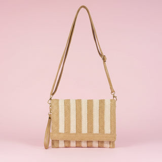 Two-Tone Striped Straw Foldover Clutch