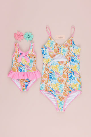 Girls’ Tropical Beach Ruffle One-Piece Swimsuit