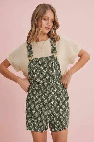 Women's Floral Print Overall Short Romper with Lace Trim