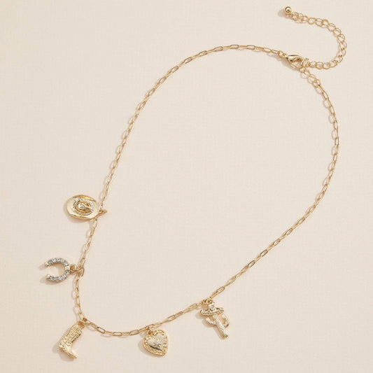 Western Charm Necklace with Horseshoe, Boot, Heart & Cactus