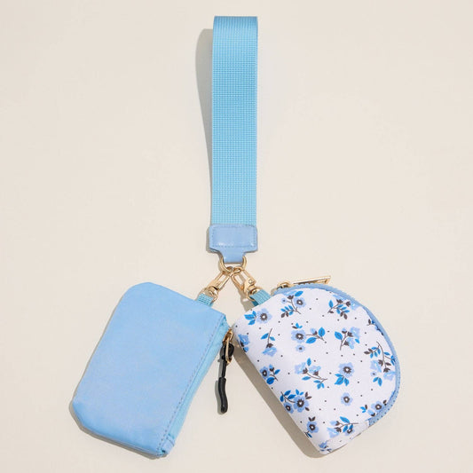 Blue Floral Nylon Pouch Wristlet