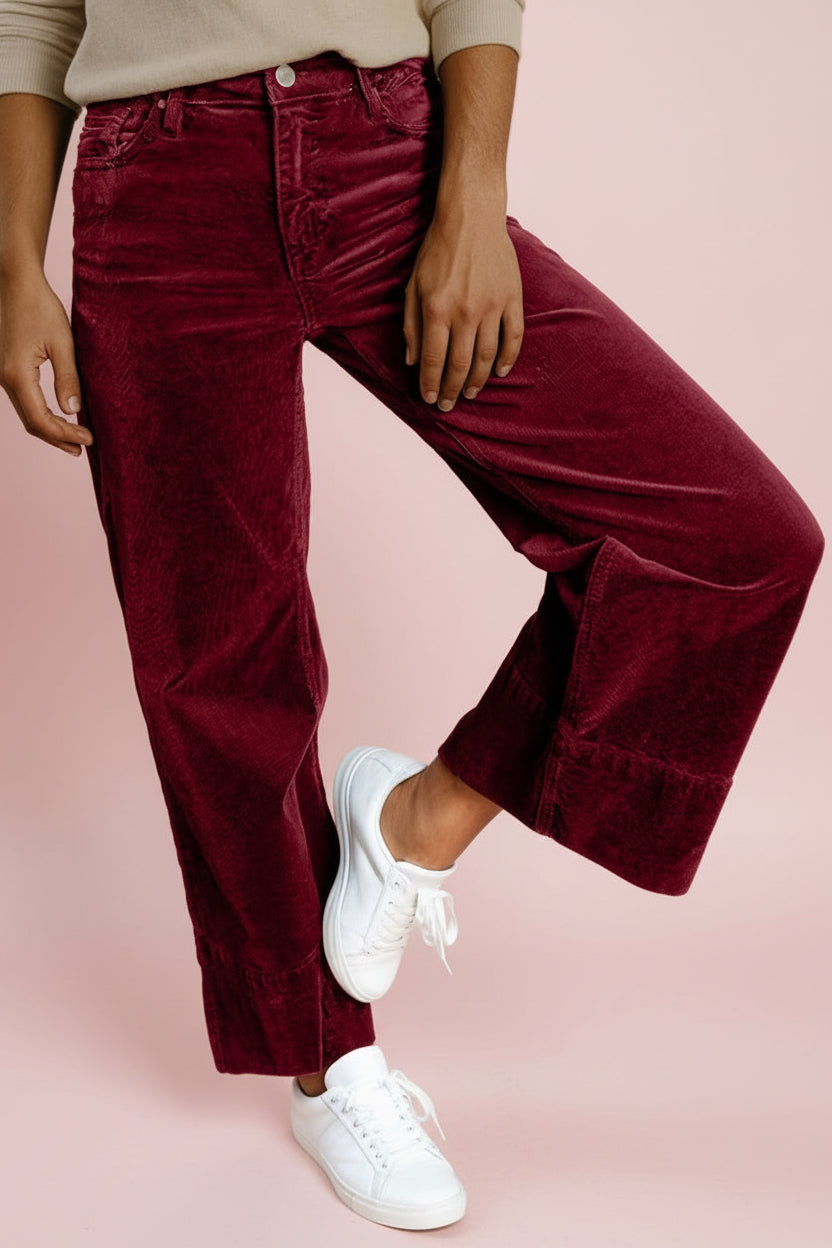 High Waist Corduroy Wide Leg Pants – Burgundy