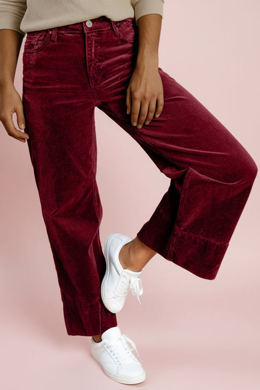 High Waist Corduroy Wide Leg Pants – Burgundy