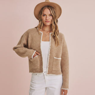Open Front Whipstitch Brushed Wool Blend Sweater Jacket