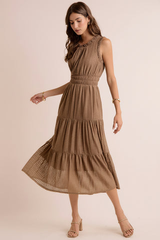 Textured Smock Waist Sleeveless Midi Tiered Dress