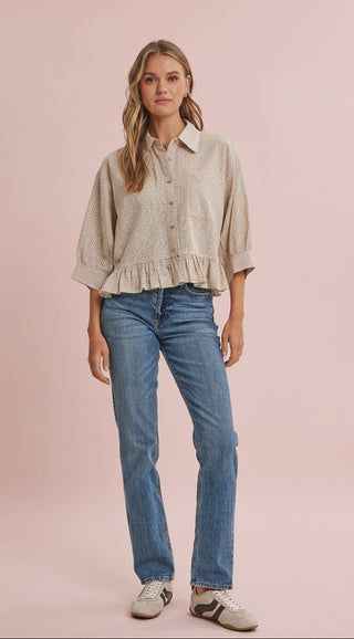 Women's Relaxed Gingham Check Button Down Shirt with Ruffle Hem