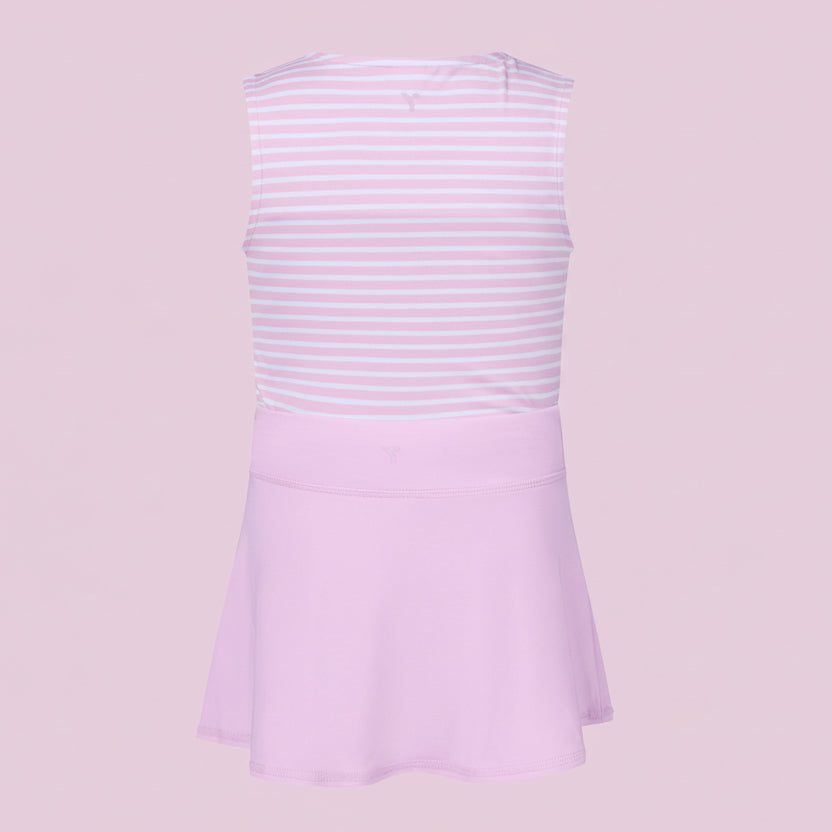 Pink sleeveless dress with white stripes on a light pink background