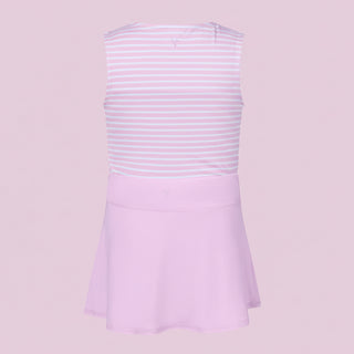 Pink sleeveless dress with white stripes on a light pink background