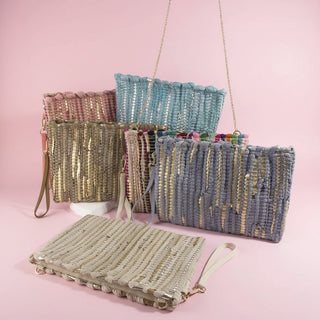 Woven Metallic Stripe Wristlet Clutch Bag