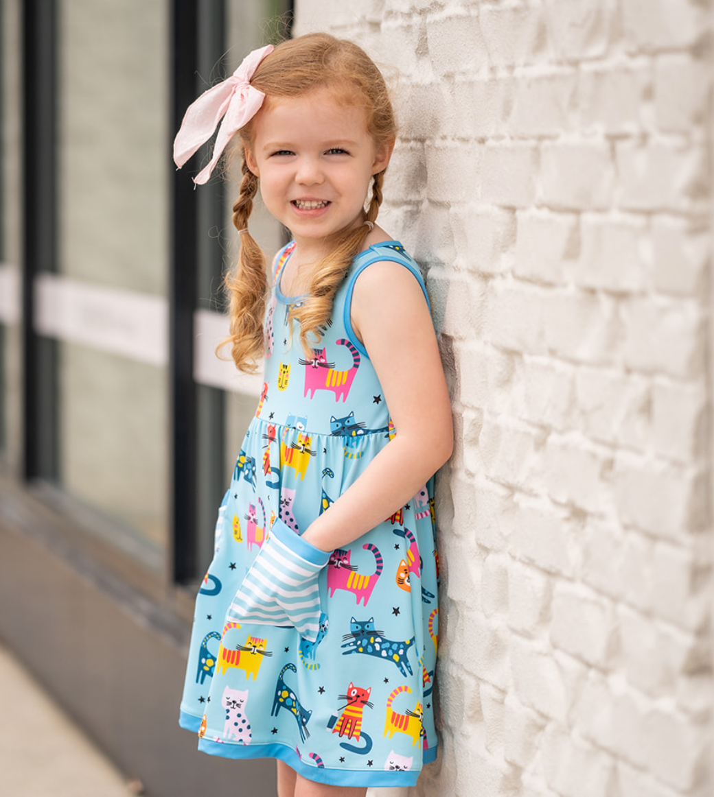 Girls Mint Kitty Cats Sleeveless Dress & Shorts