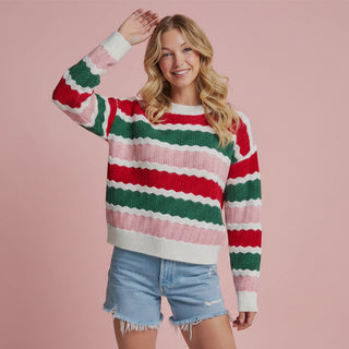 Women's Holiday Christmas Color Textured Stripe Sweater Top