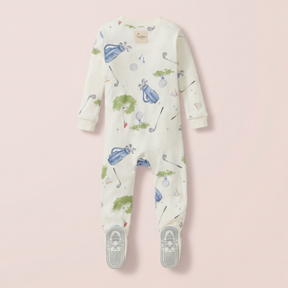 Baby onesie with golf-themed print on a pink background
