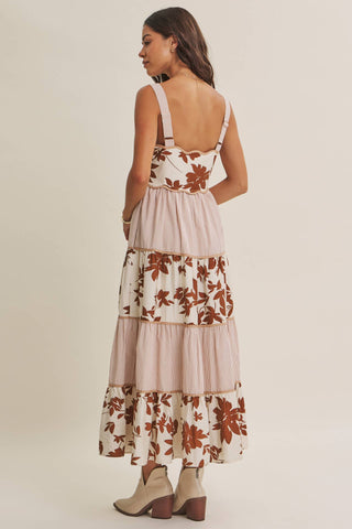 Women's Mixed Print Floral Tiered Midi Dress with Wavy Piping