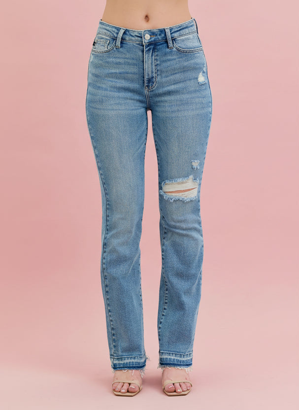 Judy Blue Mid-Rise Destroyed Bootcut Jeans with Raw Hem