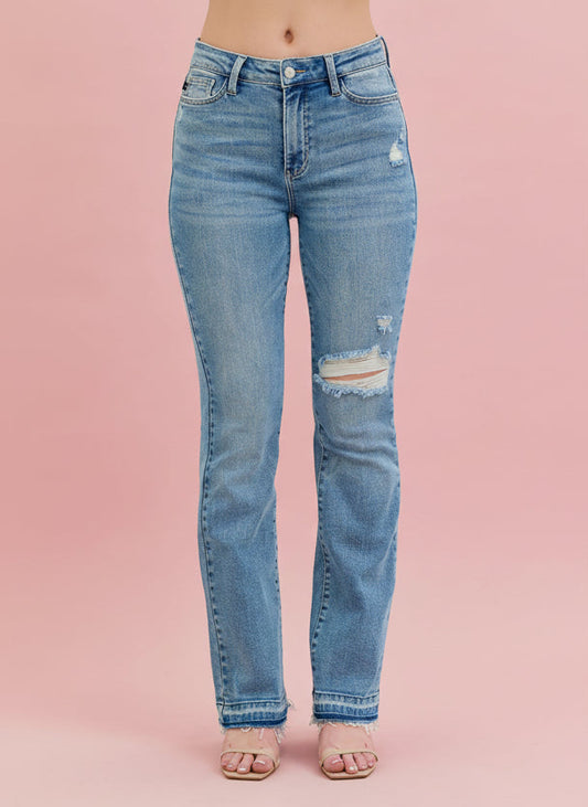 Judy Blue Mid-Rise Destroyed Bootcut Jeans with Raw Hem