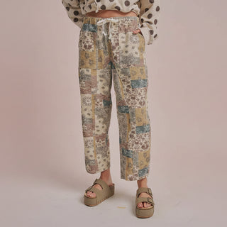 Women's Mid Rise Relaxed Everyday Casual Fit Mixed Print Vintage Boho Patchwork Pants
