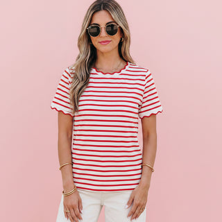 Stripe Scalloped Trim Round Neck T Shirt