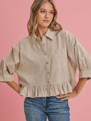 Women's Relaxed Gingham Check Button Down Shirt with Ruffle Hem