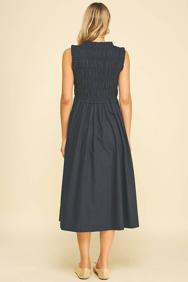 Front-Tie Detailed Smocking Midi Dress
