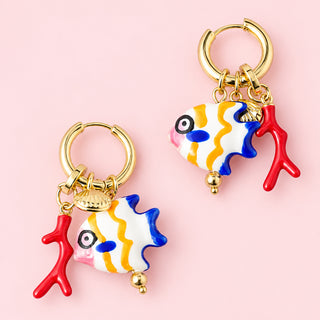 Vibrant Fish And Coral Charms Hoop Earrings