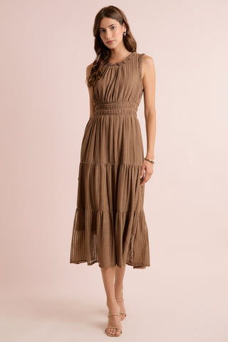 Textured Smock Waist Sleeveless Midi Tiered Dress