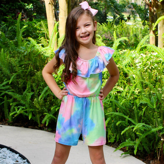 Girls Pastel Tie Dye Shorts Jumpsuit Summer Camp Clothing