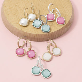 Cushion Resin Stone Drop Hoop Earrings