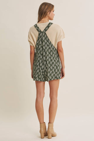 Women's Floral Print Overall Short Romper with Lace Trim