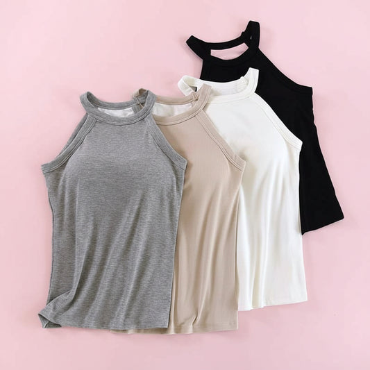 Basic Round Neck Halter Rib Knit Built-In Bra Tank Top