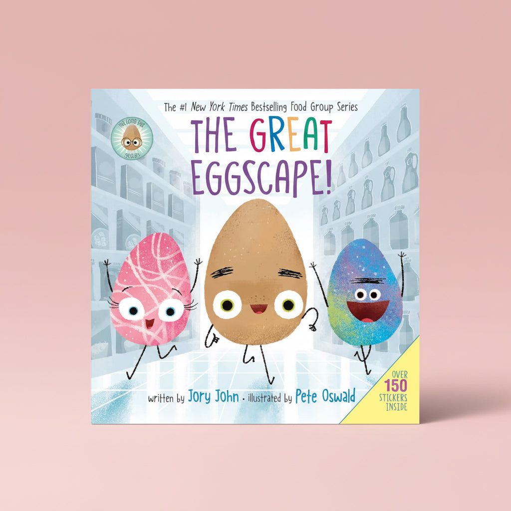 Book cover of 'The Great Eggscape!' with cartoon eggs in a laboratory setting.