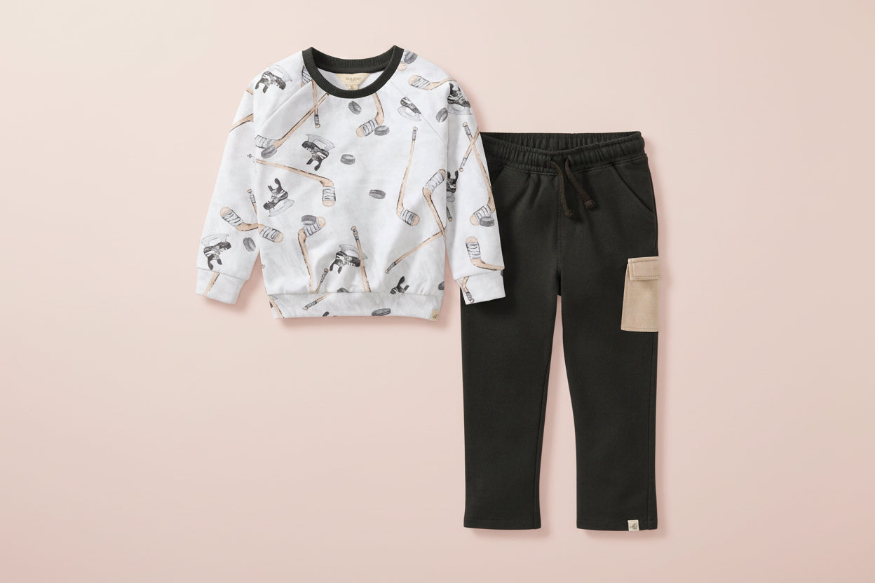 Burts Bees Little Slapshot Organic Cotton Hockey Sweatshirt & Jogger Set