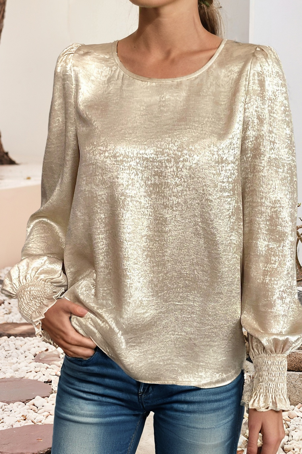 Metallic Smocked Sleeve Holiday Blouse
