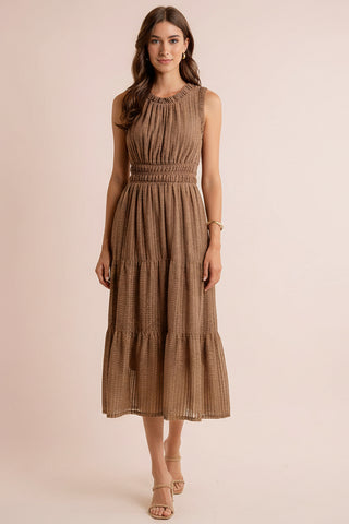 Textured Smock Waist Sleeveless Midi Tiered Dress