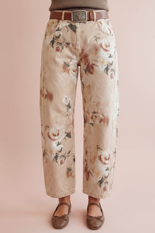 Women's Floral Straight Leg Vintage Ankle Denim Pants