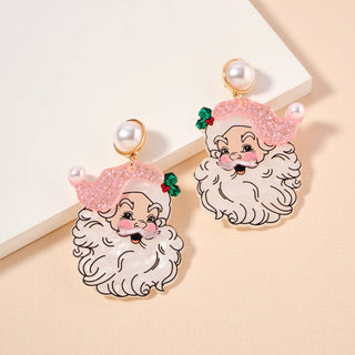 Pearl Pink Santa Face Drop Earrings | Acrylic Christmas Dangles