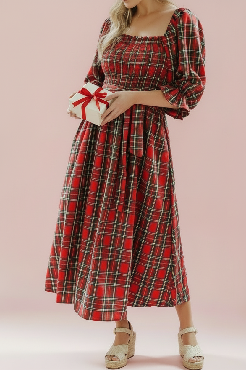 Plaid Square Neck Christmas Flare Dress