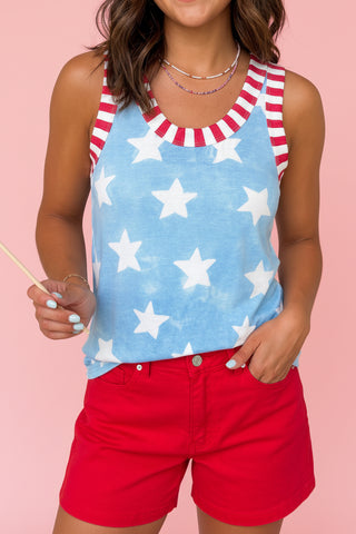 Patriotic Star Print Striped Trim Casual Tank Top