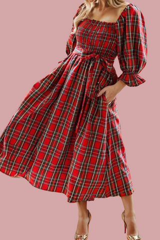 Plaid Square Neck Christmas Flare Dress