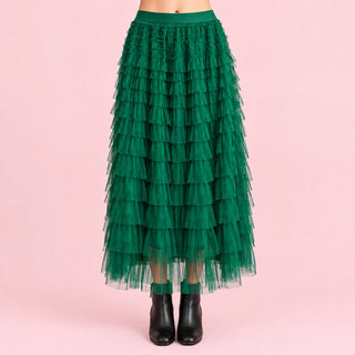 Tiered Ruffle Mesh Maxi Skirt