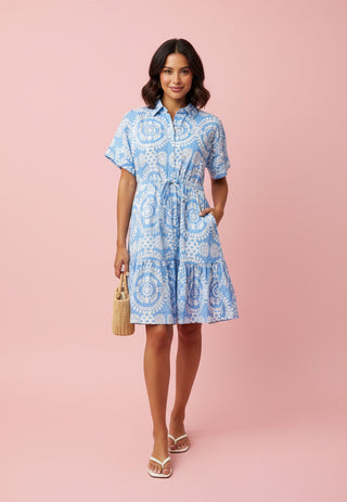 Button-Up Drawstring Waist Print Dress
