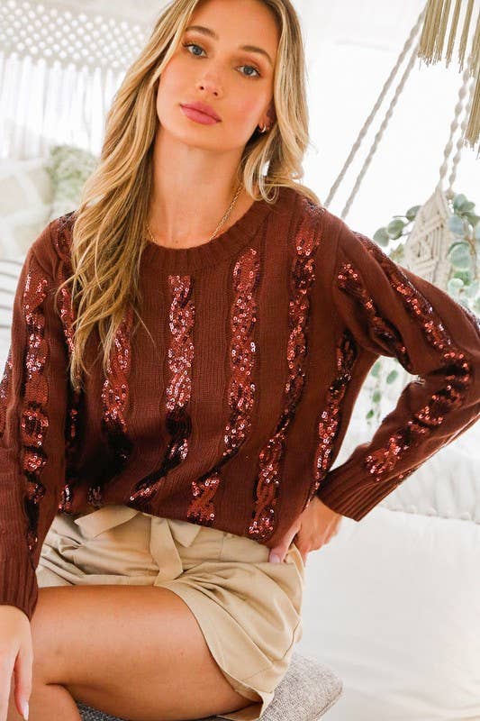 Cable Sequin Detail Crew Neck Knitted Sweater Top