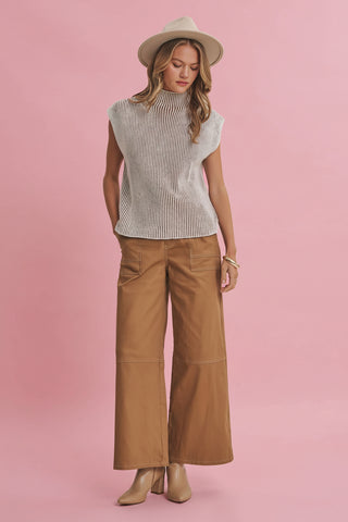 Women's Wide Leg Stretch Cotton Twill Utility Pants with Contrast Stitching