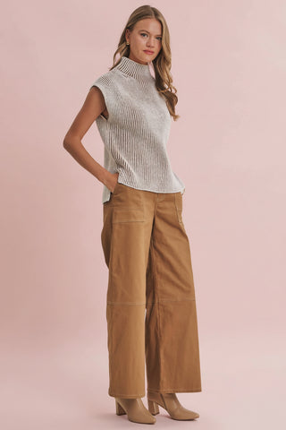 Women's Wide Leg Stretch Cotton Twill Utility Pants with Contrast Stitching