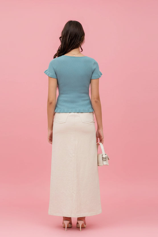 Scoop Neck Ribbed Knit Short Sleeve Top with Lettuce Hem