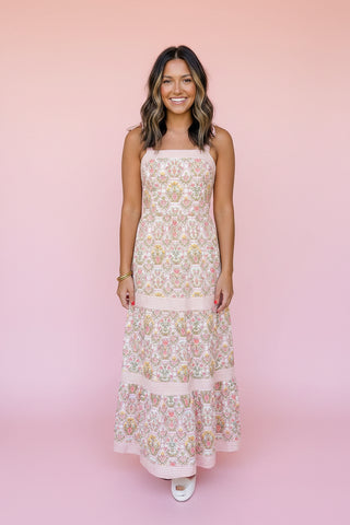 Floral Block Print Tiered Maxi Dress