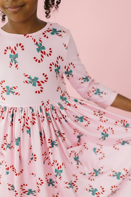 Candy Cane Cutie 3/4 Sleeve Pocket Twirl Dress