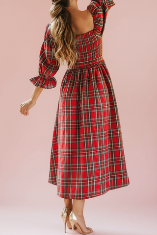 Plaid Square Neck Christmas Flare Dress