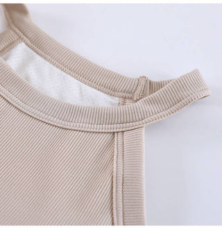 Basic Round Neck Halter Rib Knit Built-In Bra Tank Top
