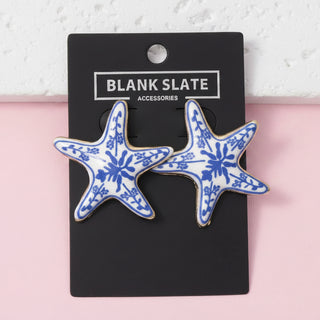 Enamel Starfish Floral Print Stud Earrings